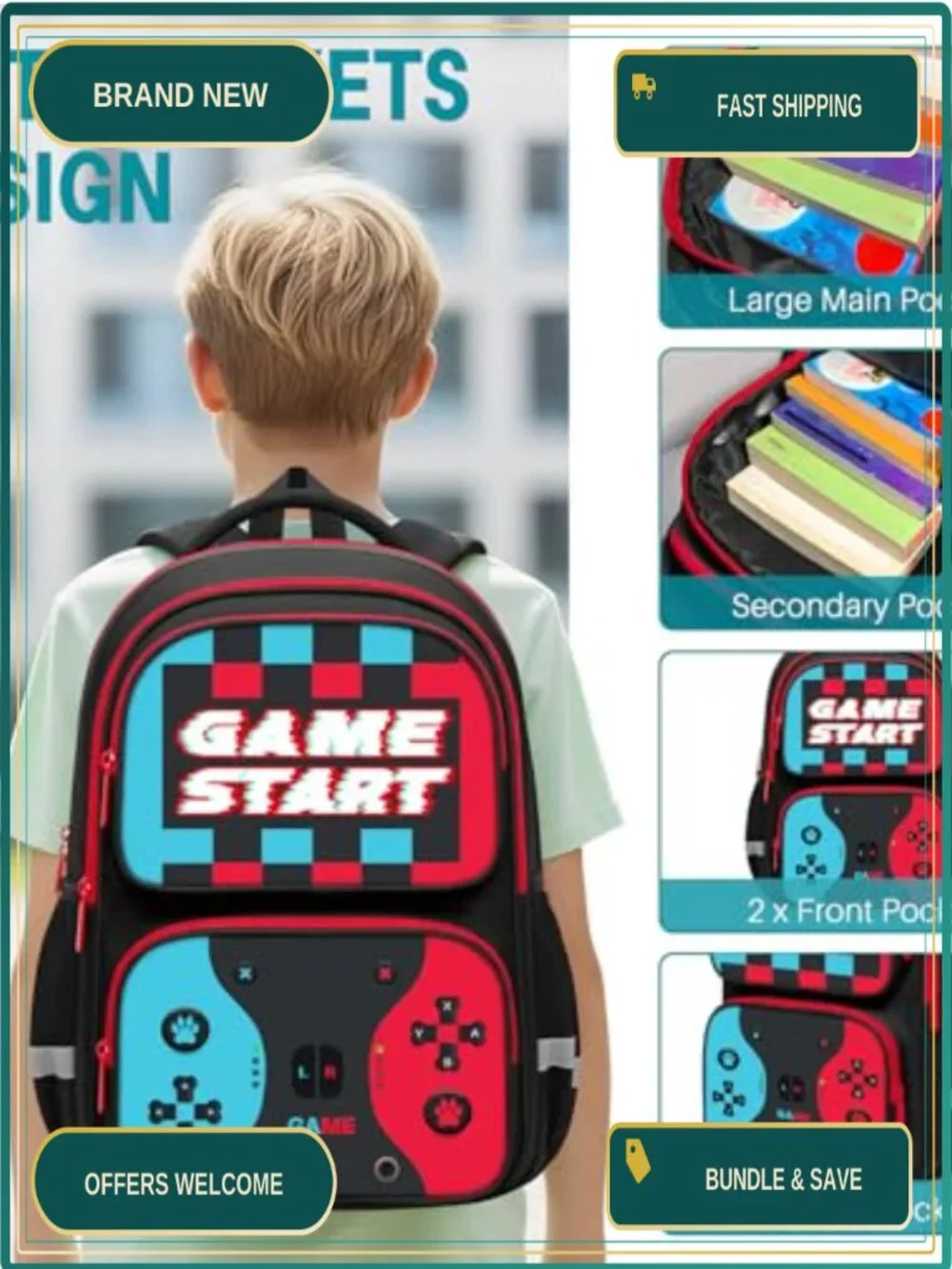 Kids Game Controller Backpack Boys Water Resistant School Bag Ergonomic